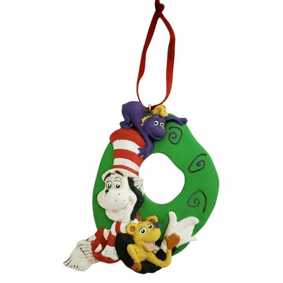 Cat In Hat Christmas Ornament Wreath Monkey Dog Scarf Dr Seuss Henson Vintage - Picture 1 of 7